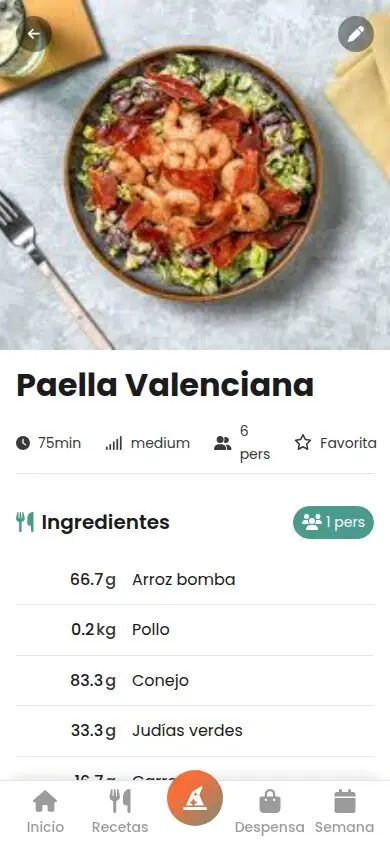 Detalle de una receta en Sabea con sus raciones e ingredientes recalculados