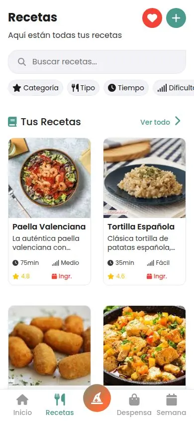 Listado de recetas en Sabea con búsqueda y filtros